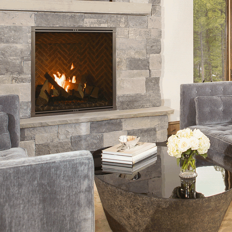 Majestic Marquis II 36" direct vent gas fireplace with glass front and decorative trim