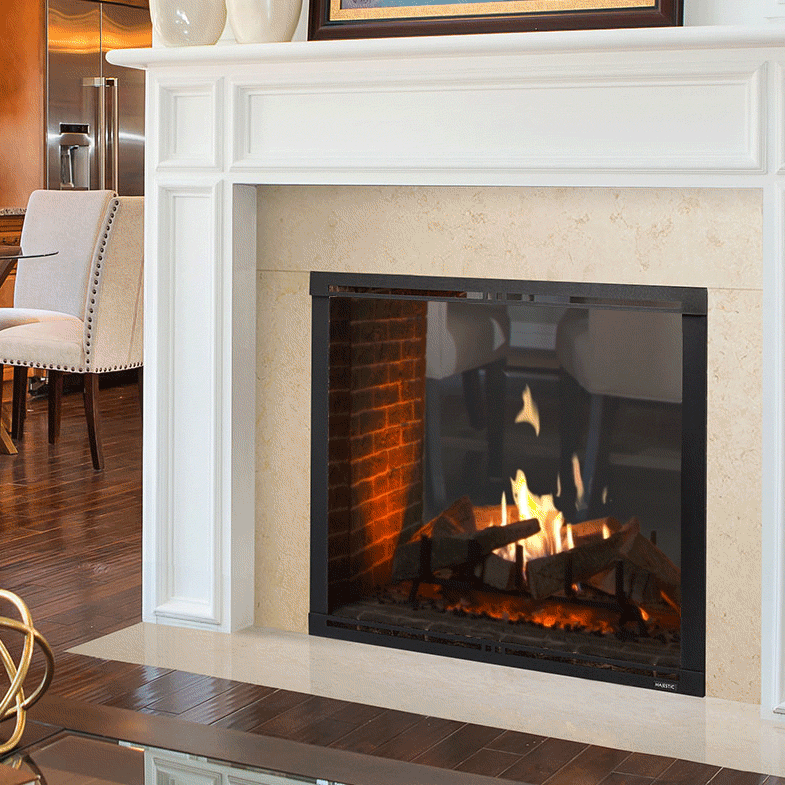 Majestic Marquis II 42-inch see-through direct vent gas fireplace with glass front and decorative trim.
