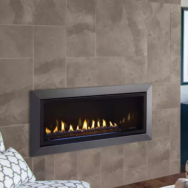 Majestic Jade 32-inch direct vent gas fireplace with modern glass front and sleek black frame.