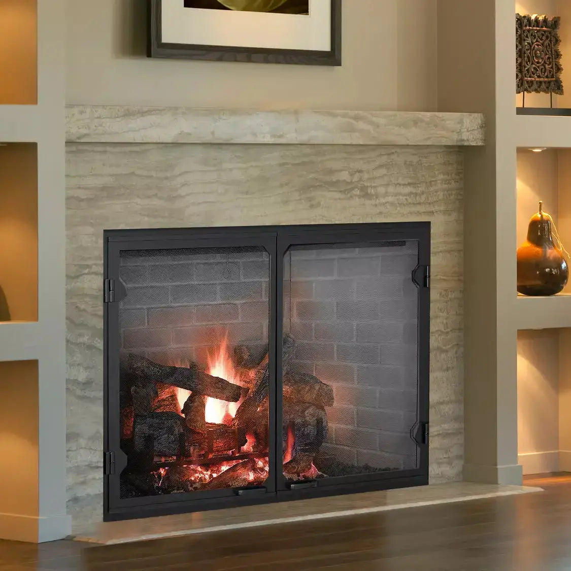 Majestic Biltmore 36-inch radiant wood burning fireplace with glass front and metal detailing.