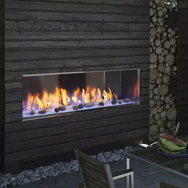 Majestic Lanai 48" outdoor linear gas fireplace with modern stainless steel front and glass panel.