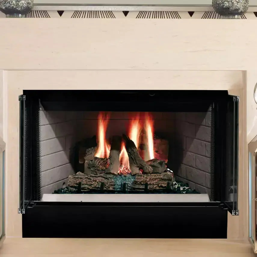 Majestic Sovereign 36-inch wood burning fireplace with detailed carvings and glass front