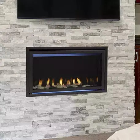 Majestic Jade 42-inch direct vent gas fireplace with glass front and decorative trim