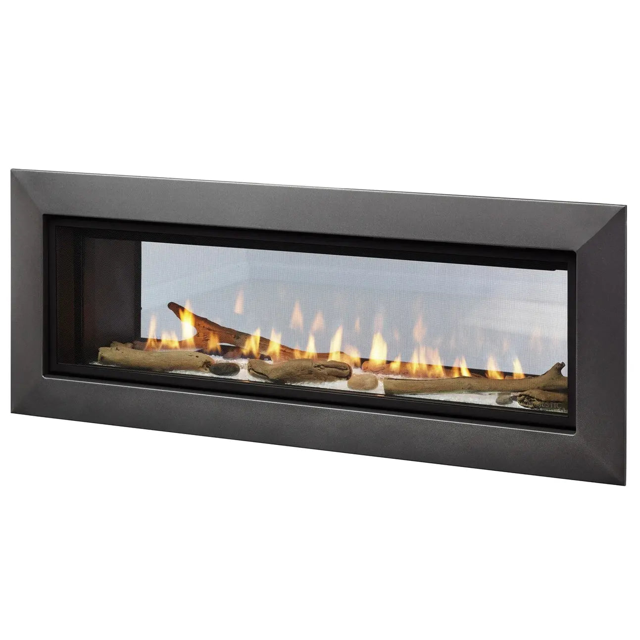 Majestic Echelon II 36-inch see-through direct vent gas fireplace with IntelliFire touchscreen remote control.