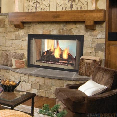 Majestic Designer See-Through 42" radiant wood burning fireplace with glass front and detailed wood design