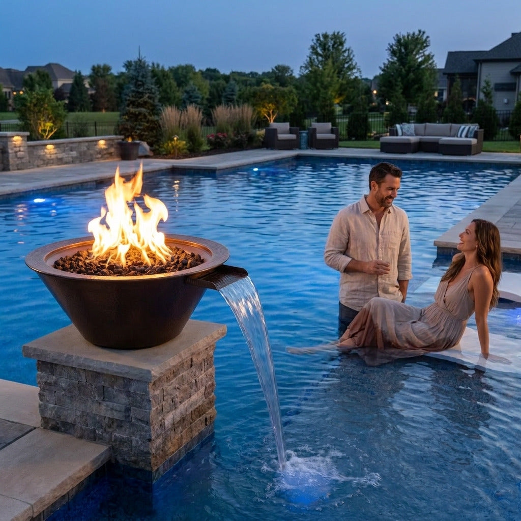 A large round outdoor fire pit bowl with a bright flame sits on a stone pedestal beside a swimming pool, with water flowing from the bowl into the pool. A man and woman are standing in the pool water nearby at dusk.