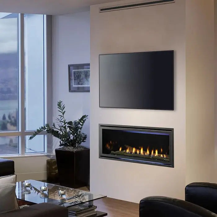 Majestic Jade 32-inch direct vent gas fireplace with sleek black frame and glass front.