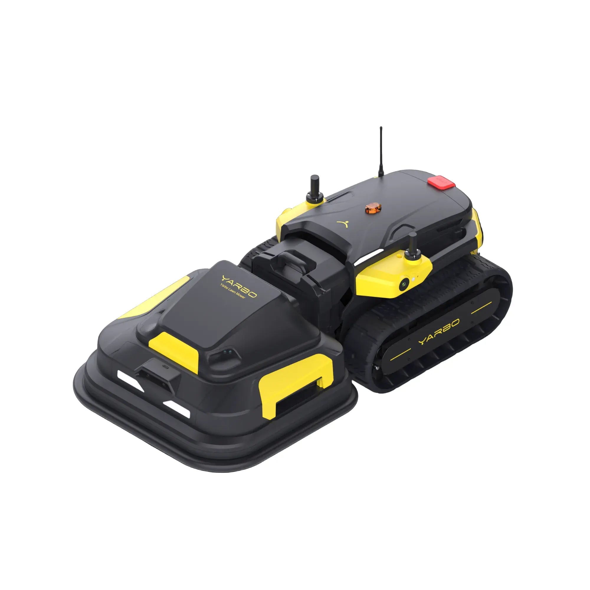 lawn mower Robotic device with black and yellow color scheme on a gray background