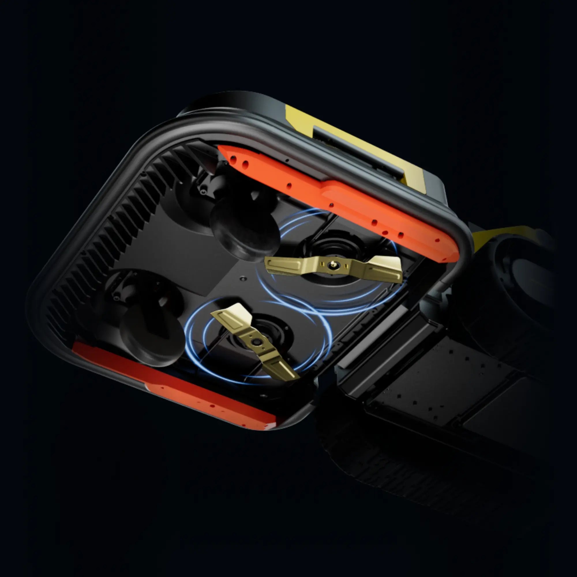 Close-up of a mechanical device with gears and components on a black background