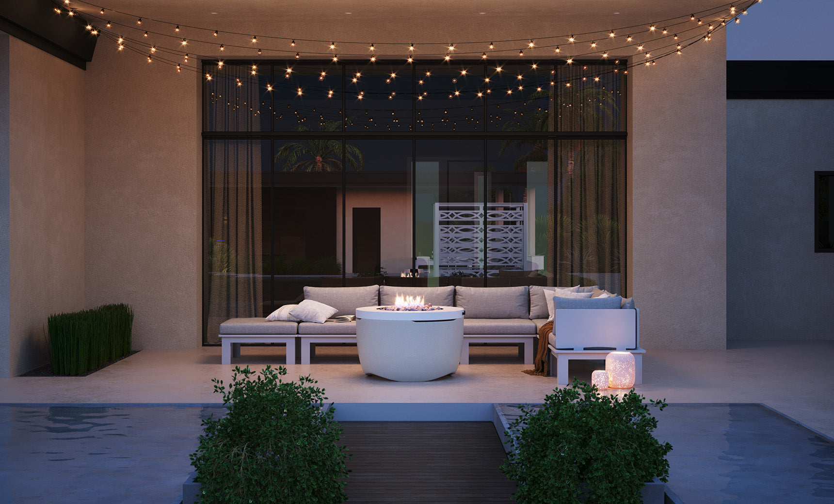 Halo firepit with gray stone surround and blue flame feature