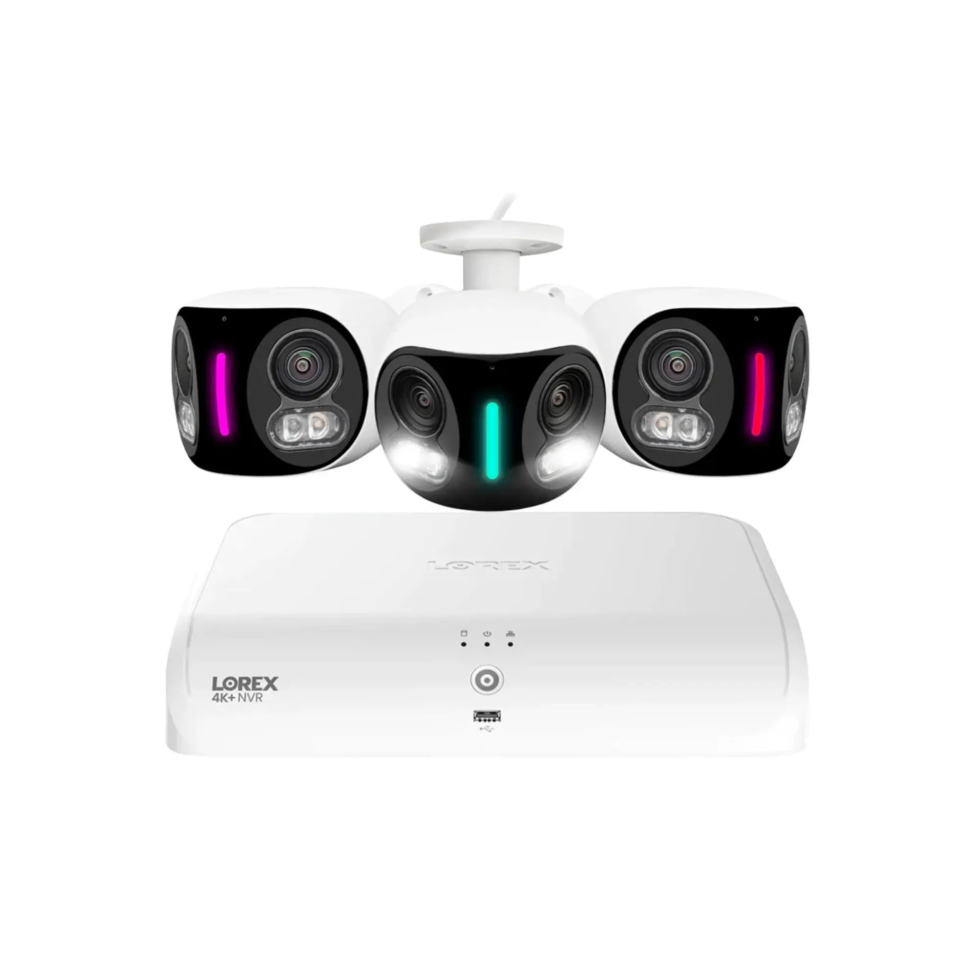 Lorex 4K6 NVR security camera system with three cameras and base unit front view
