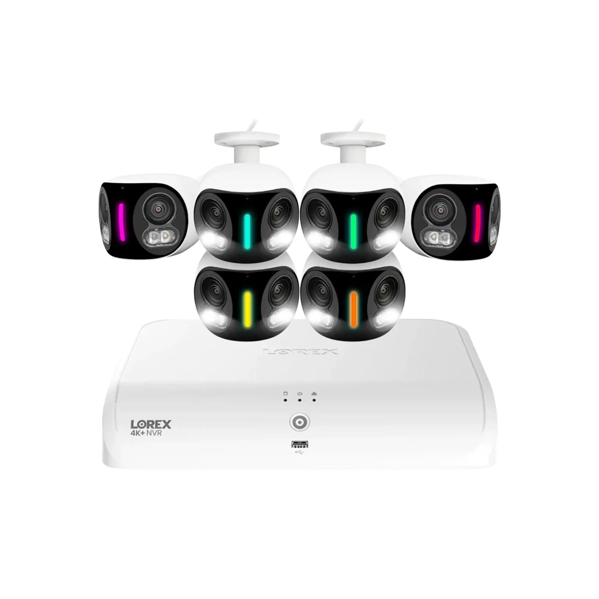 Lorex 4K NVR security camera system with six cameras showing colored LED indicators