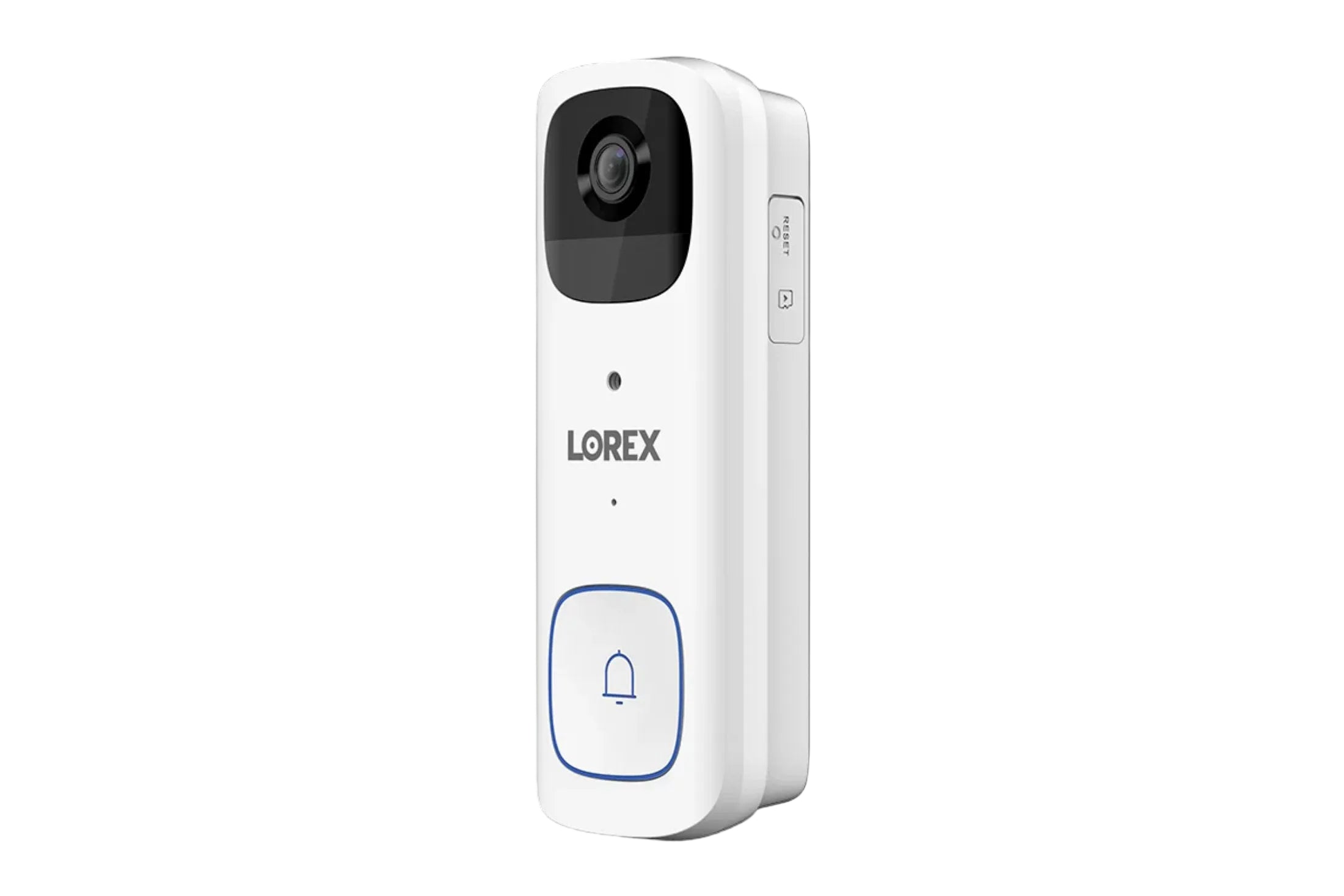 Lorex white video doorbell front angle view with camera lens and blue doorbell button