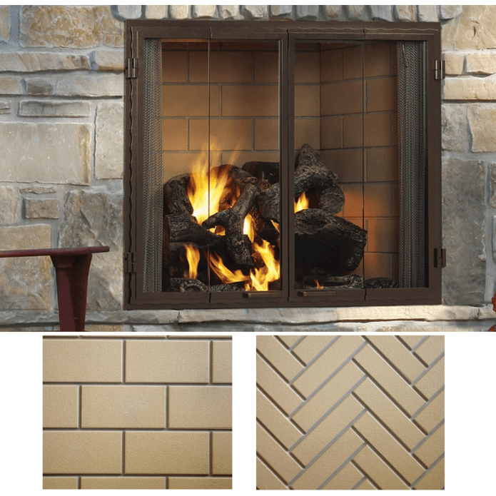 Majestic Castlewood 42-inch outdoor wood fireplace with stone surround and glass doors