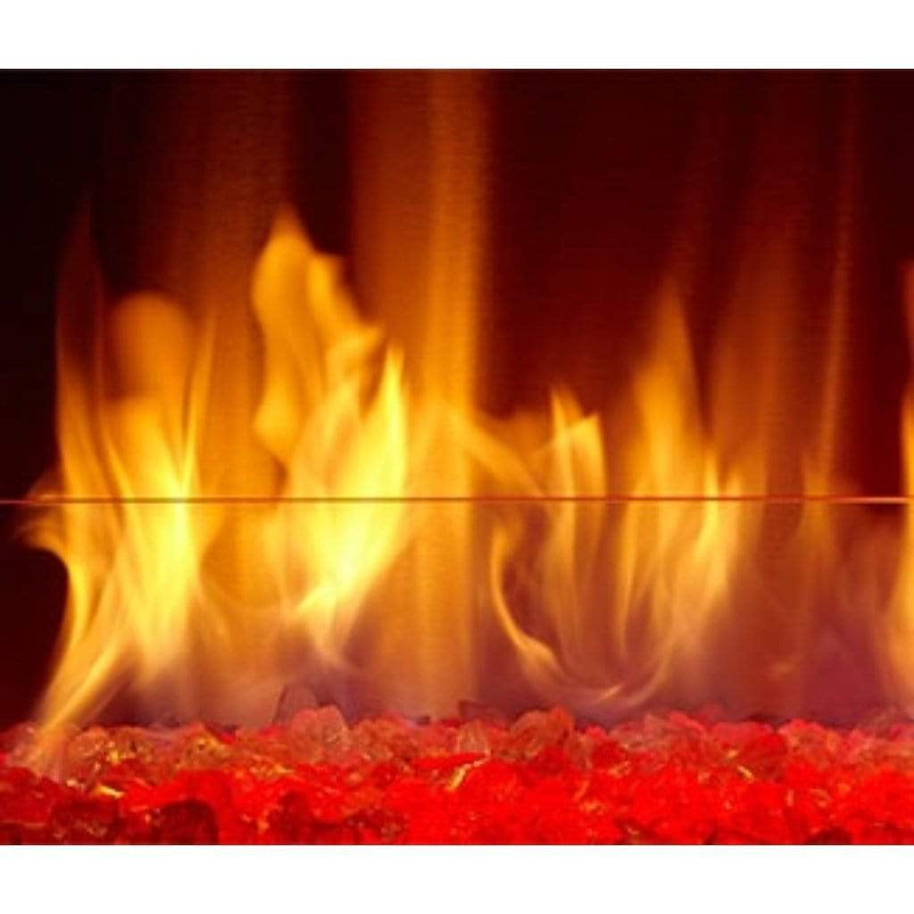 Majestic Lanai 60" outdoor linear gas fireplace with modern stainless steel front and glass panel.