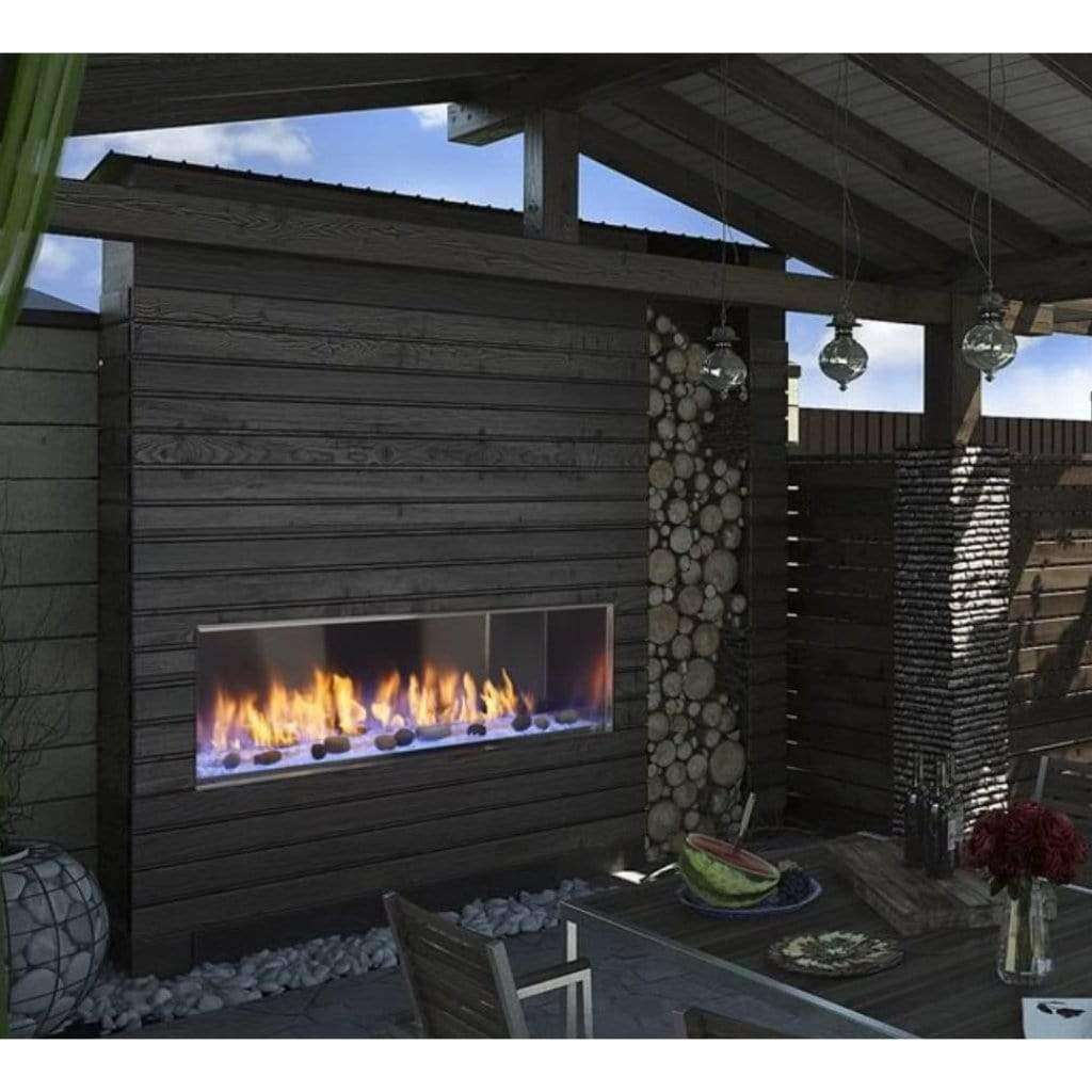 Majestic Lanai 48" outdoor linear gas fireplace with modern stainless steel front and glass panel.