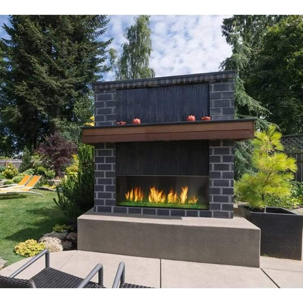 Majestic Lanai 60" outdoor linear gas fireplace with modern stainless steel front and glass panel.