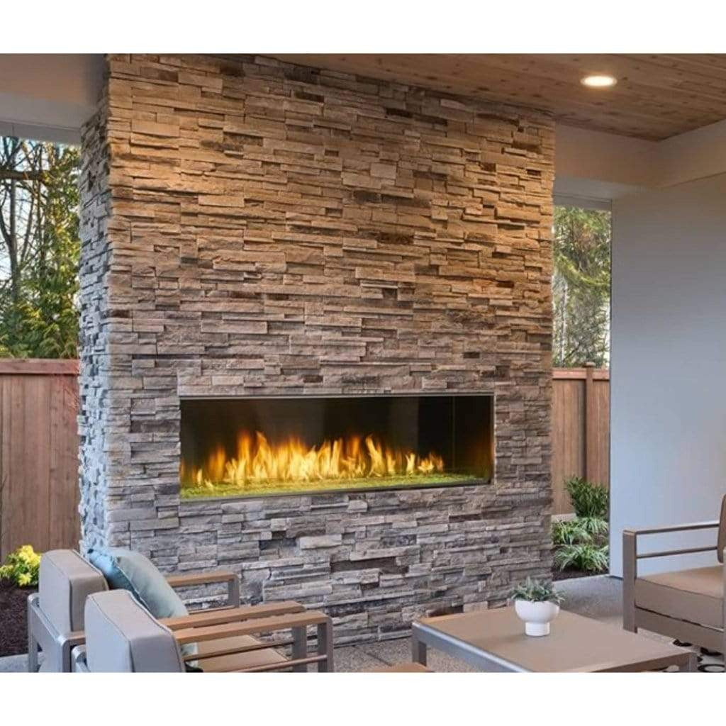 Majestic Lanai 48" outdoor linear gas fireplace with modern stainless steel front and glass panel.