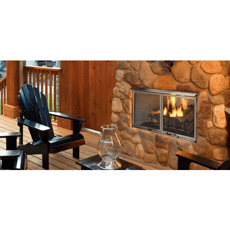 Majestic Villawood 42-inch outdoor wood fireplace with weathered finish and stone accents
