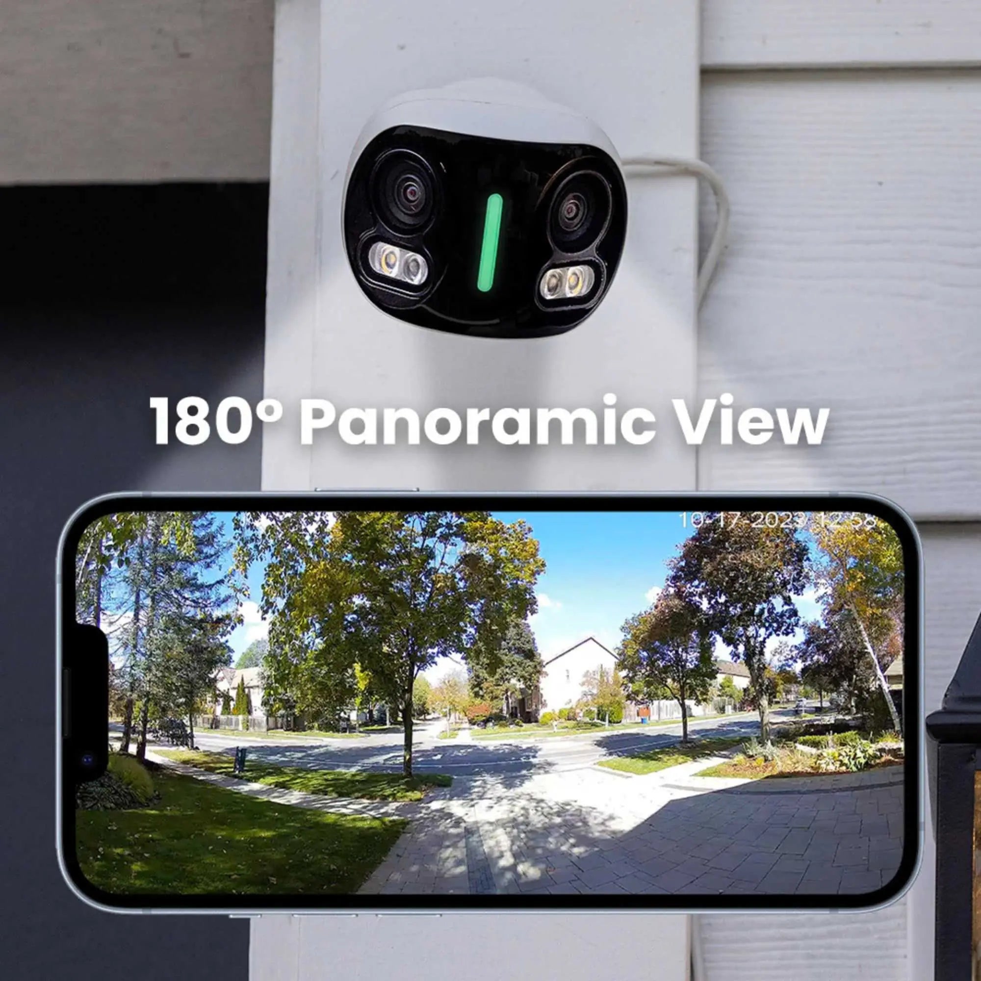 Outdoor security camera with dual lens showing 180 degree panoramic view on smartphone