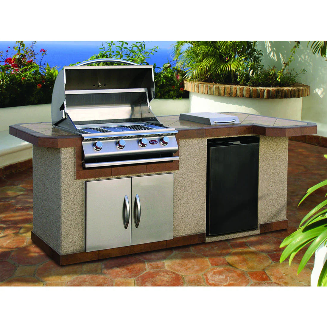 Cal Flame Malibu Q 8ft Grill Island with porcelain tile countertop and American stucco base