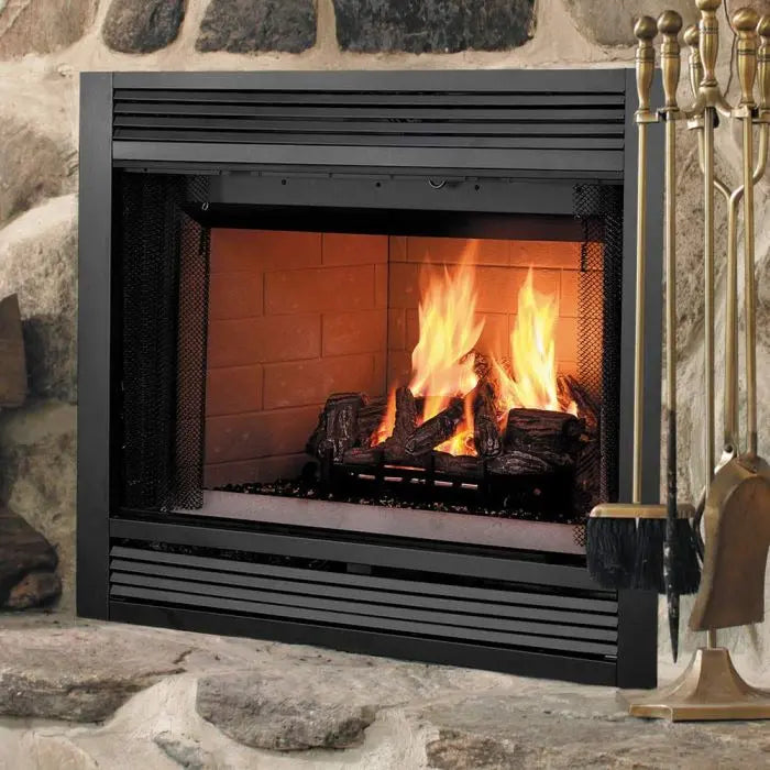 Majestic Sovereign 36-inch wood burning fireplace with detailed carvings and glass front
