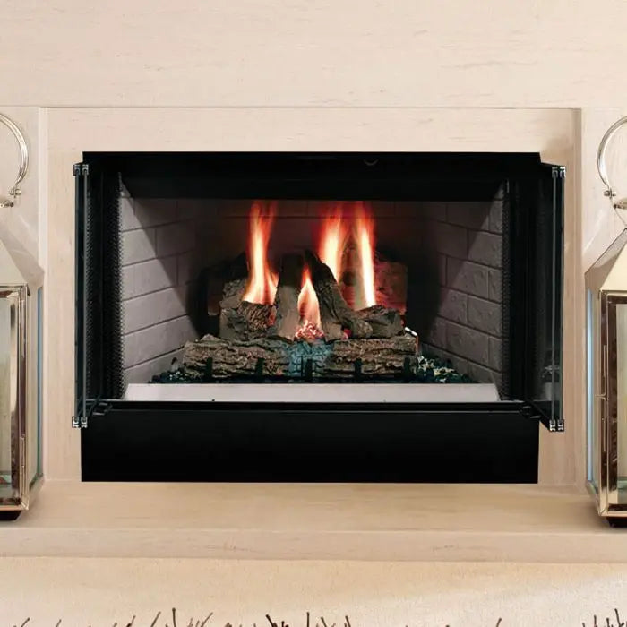 Majestic Sovereign 42-inch wood burning fireplace with intricate detailing and glass front.