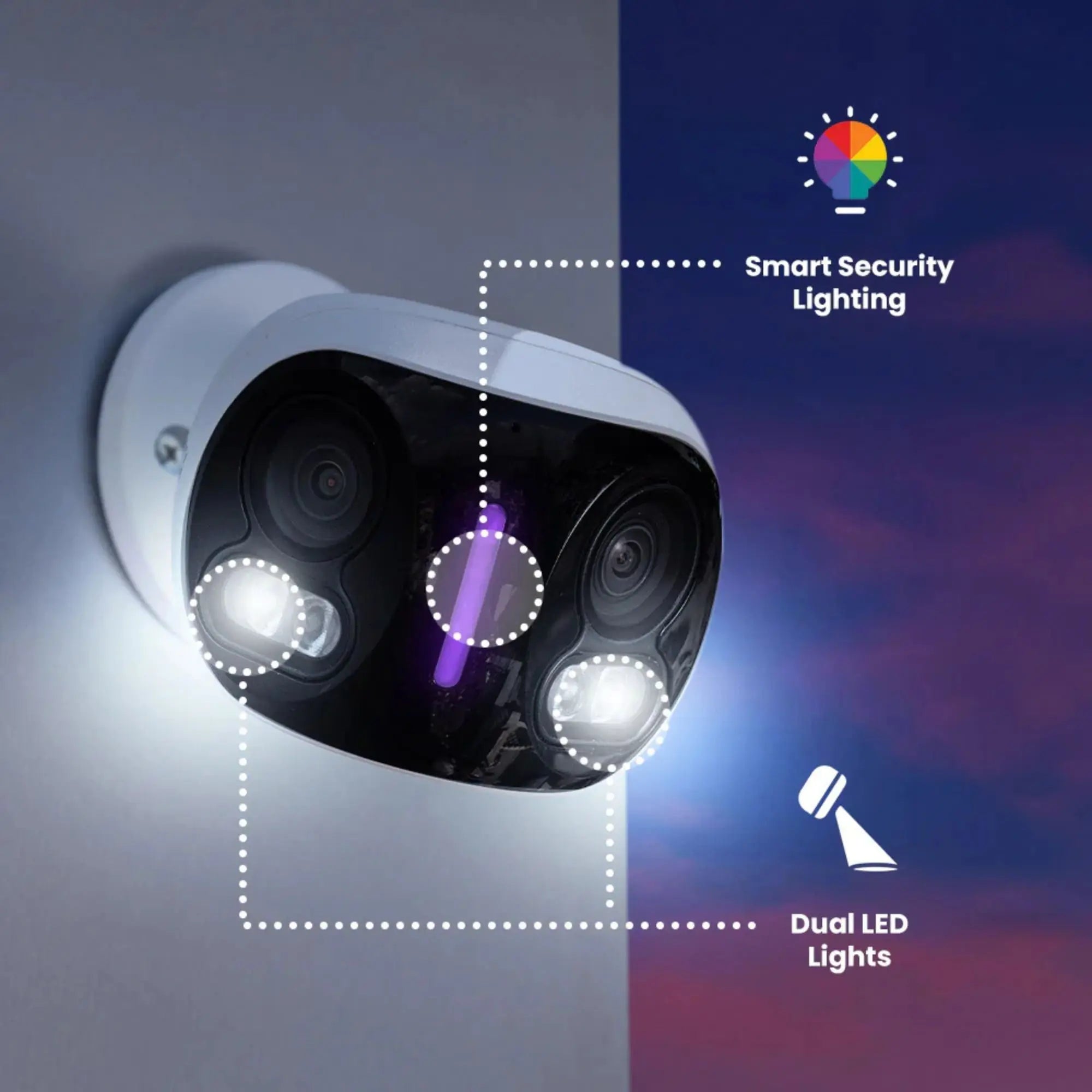 Security camera angle view with dual LED lights and smart security lighting features