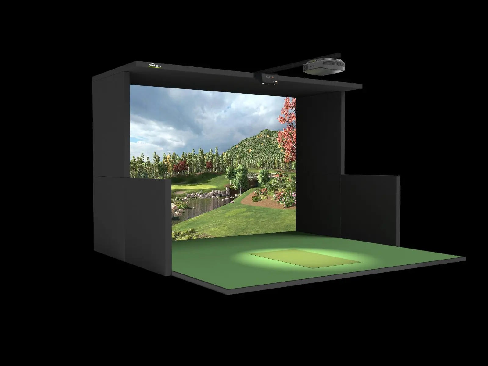 Golf simulator setup with screen displaying a golf course.
