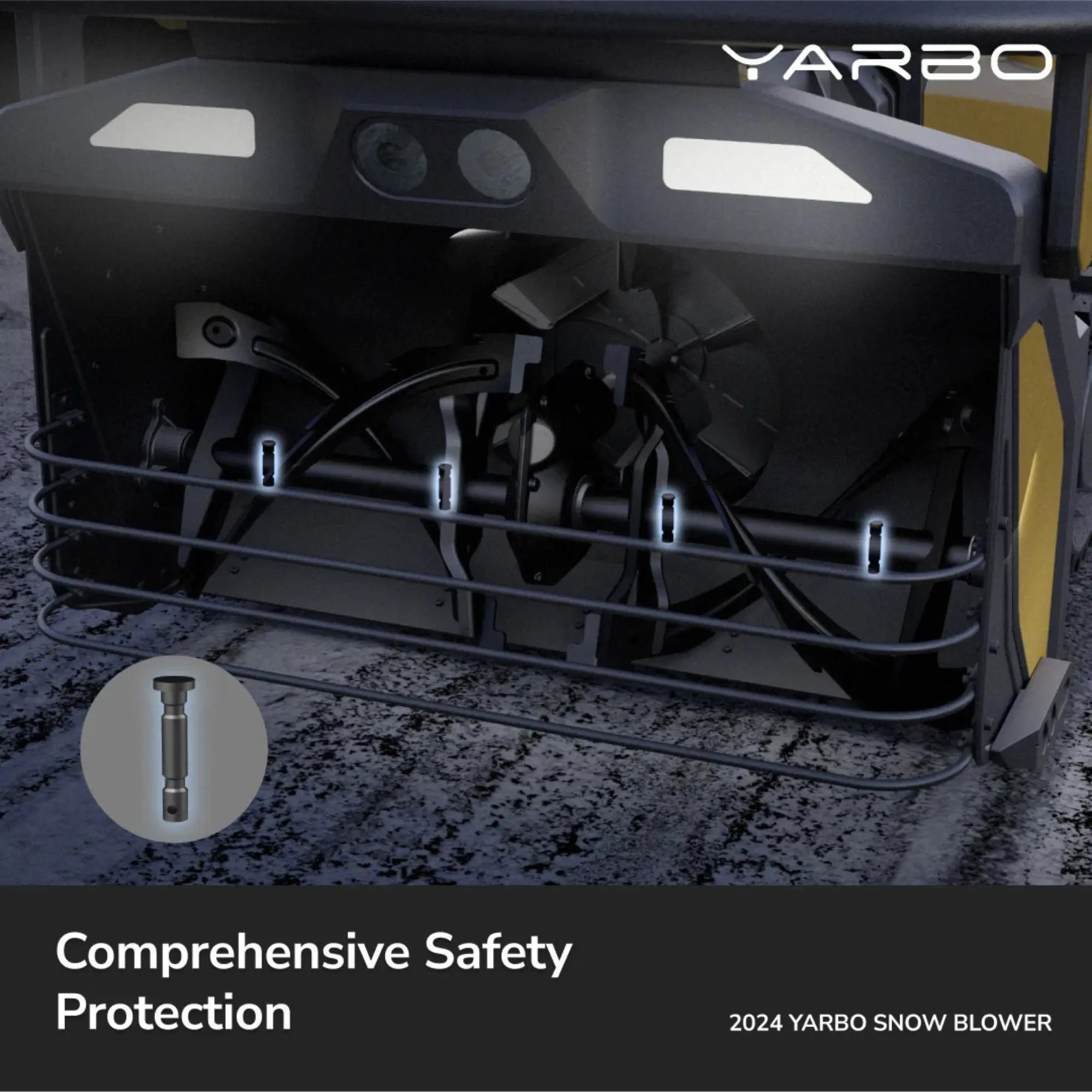 YARBO snow blower with safety features on a dark background