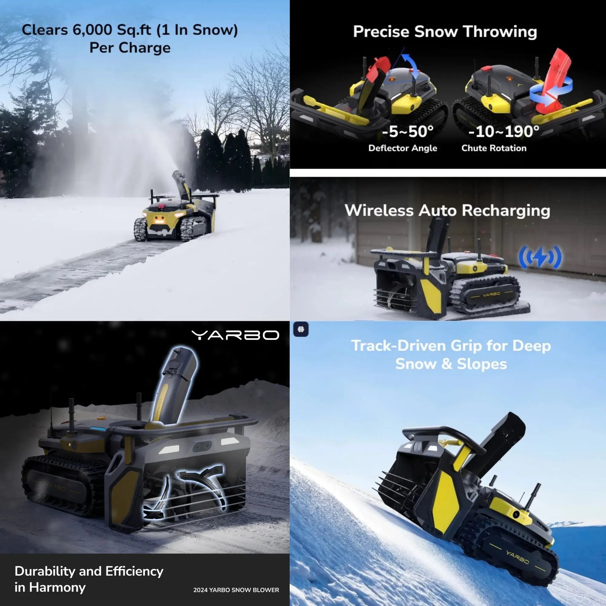 YARBO snow blower with features highlighted on a snowy landscape