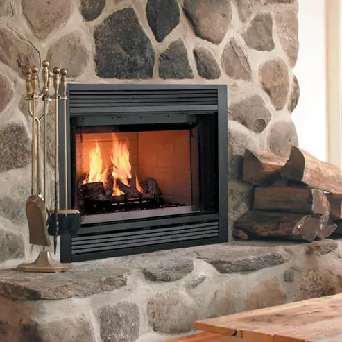 Majestic Sovereign 42-inch wood burning fireplace with detailed carvings and glass front