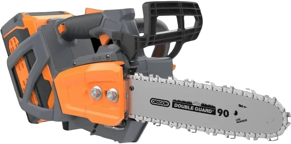 Orange and gray chainsaw with 'Double Guard' feature on a black background