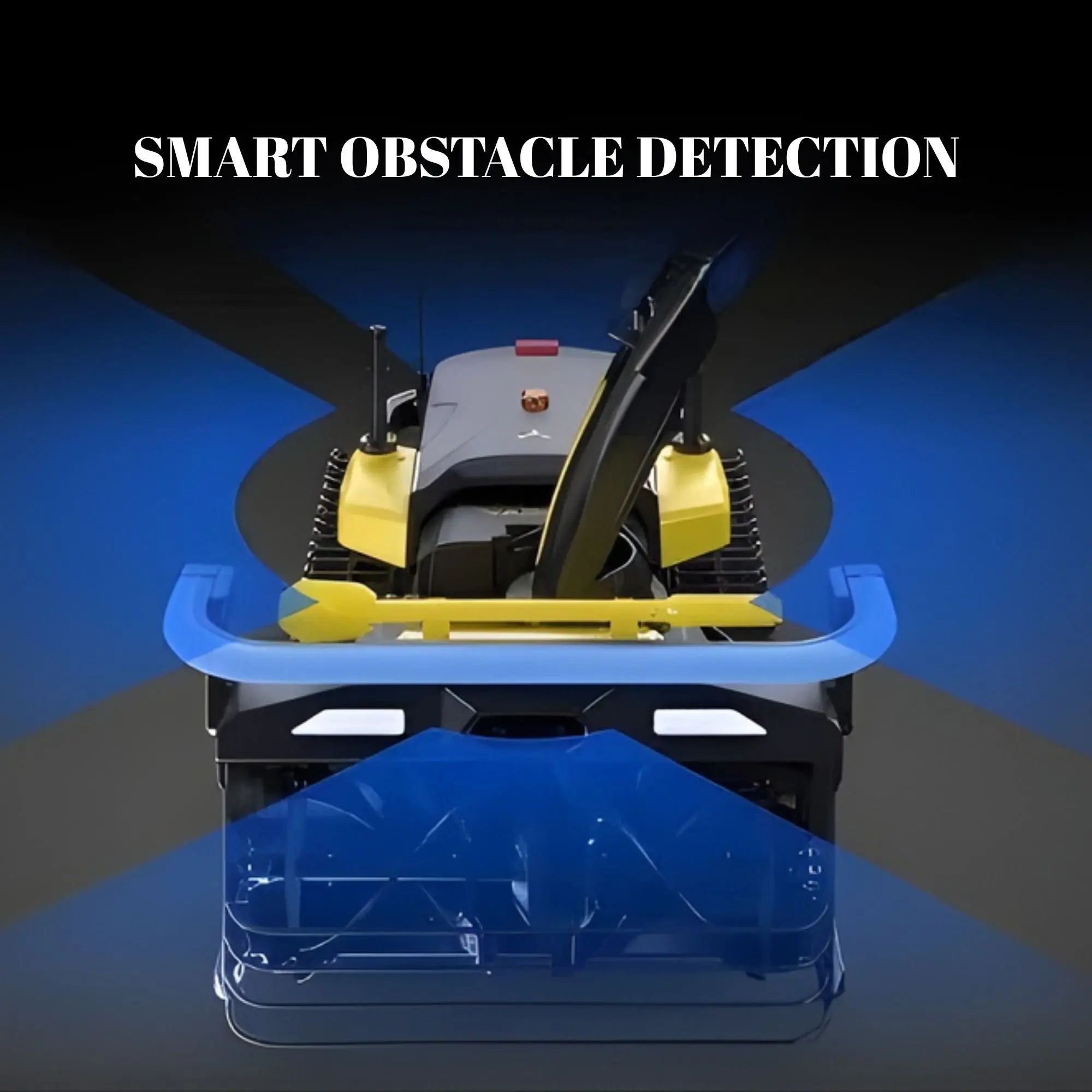 Robot with smart obstacle detection feature on a blue and black gradient background