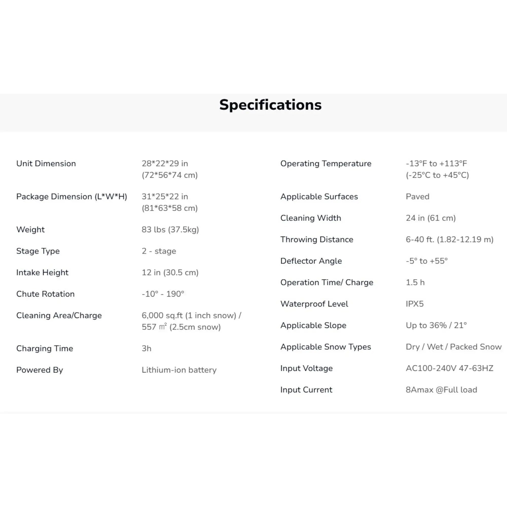 Specifications table for a snow removal device on a white background