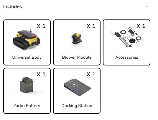 List of components included in a product package, including a universal body, blower module, accessories, Yarbo battery, and docking station.